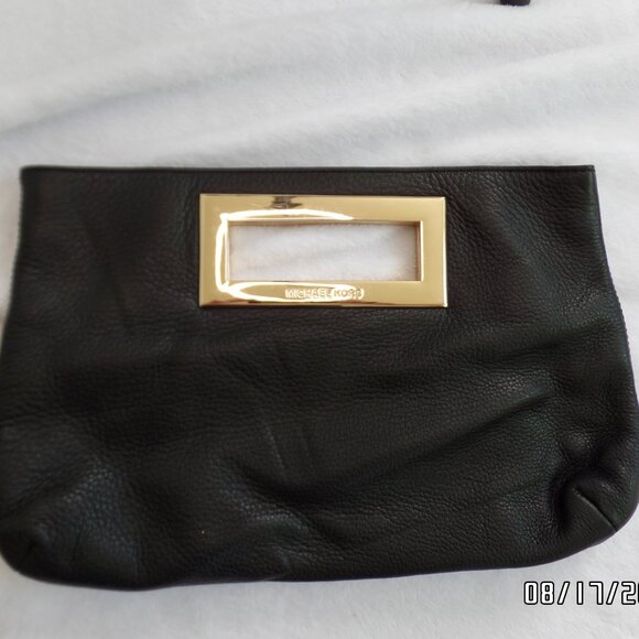 Michael Kors Black Pebbled Leather Clutch with Rectangle Gold Tone Handle - Picture 1 of 16